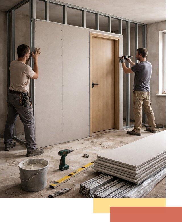 Перегородка из гипсокартона с дверью под ключ в Усолье-Сибирском