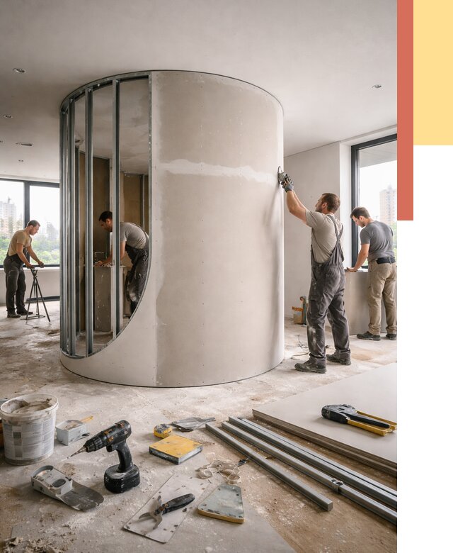 Радиусная перегородка из гипсокартона в Усолье-Сибирском от 2993 руб. под ключ | ОТДЕЛОЧНИК-Сль