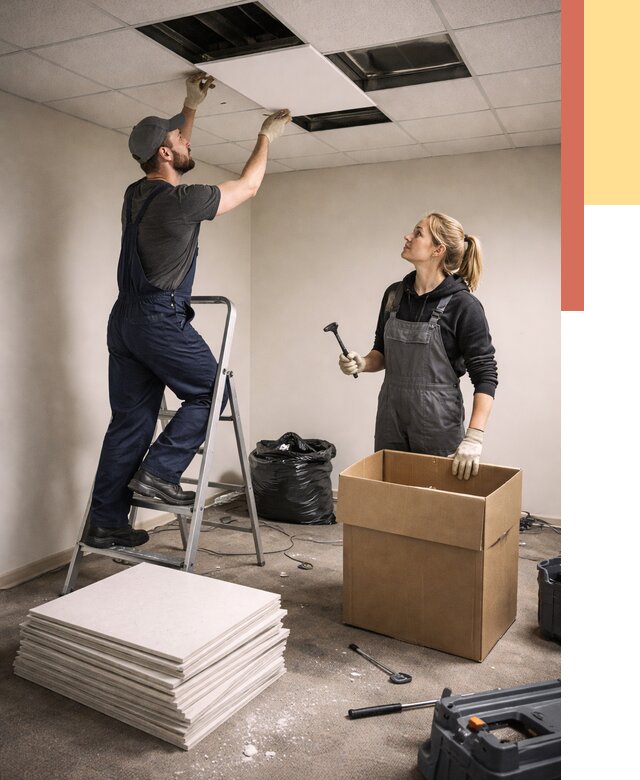 Демонтаж потолочной плитки в Усолье-Сибирском от 4644 руб. быстро и недорого | ОТДЕЛОЧНИК-Сль