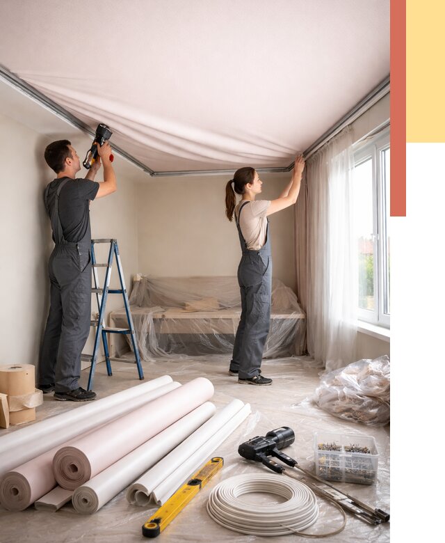 Монтаж цветного натяжного потолка в Усолье-Сибирском от 4334 руб/м² — быстро и недорого | ОТДЕЛОЧНИК-Сль