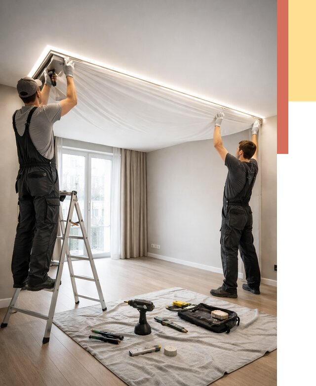 Монтаж парящего натяжного потолка в Усолье-Сибирском от 4644 руб. быстро и недорого | ОТДЕЛОЧНИК-Сль