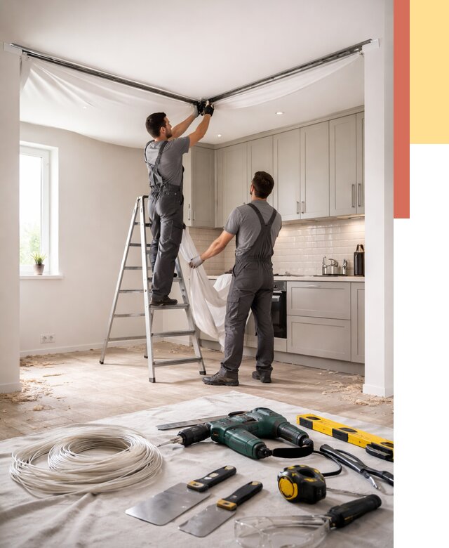 Установка натяжного потолка на кухне в Усолье-Сибирском от 2477 руб. | ОТДЕЛОЧНИК-Сль