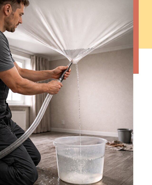 Слив воды с натяжного потолка в Усолье-Сибирском от 2580 руб. быстро и недорого | ОТДЕЛОЧНИК-Сль