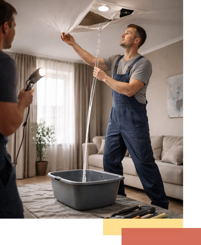 Слив воды с натяжного потолка в Усолье-Сибирском быстро и аккуратно