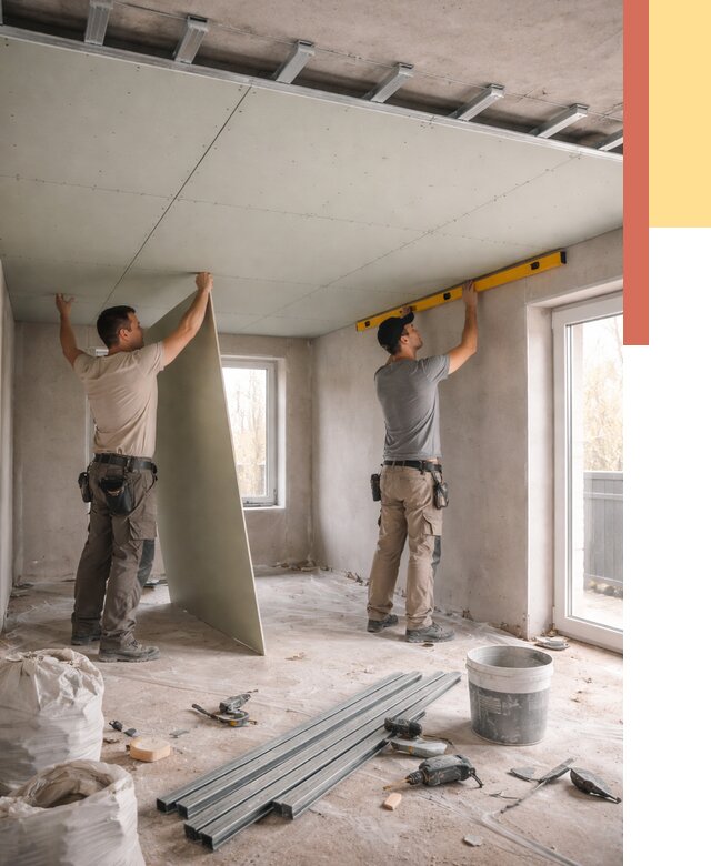 Одноуровневый потолок из гипсокартона в Усолье-Сибирском от 774 руб. — монтаж под ключ | ОТДЕЛОЧНИК-Сль